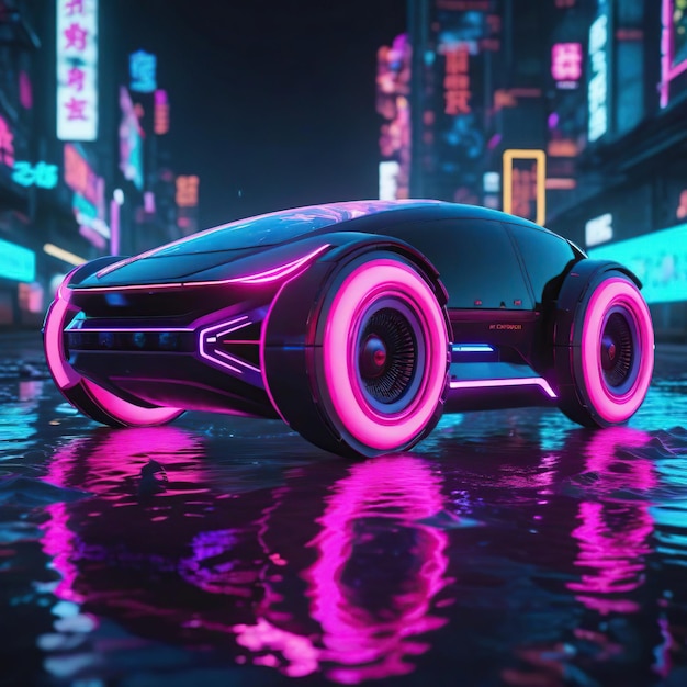 Renderización 3D de un automóvil deportivo futurista en luz de neón sobre un fondo oscuro