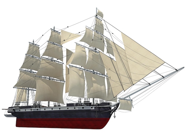 Renderización 3D de un barco de vela sobre un fondo blanco