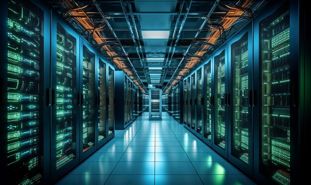 Foto renderización 3d de bastidores de servidores seguros en un centro de datos de la sala de servidores de seguridad de red de computadoras azul oscuroai