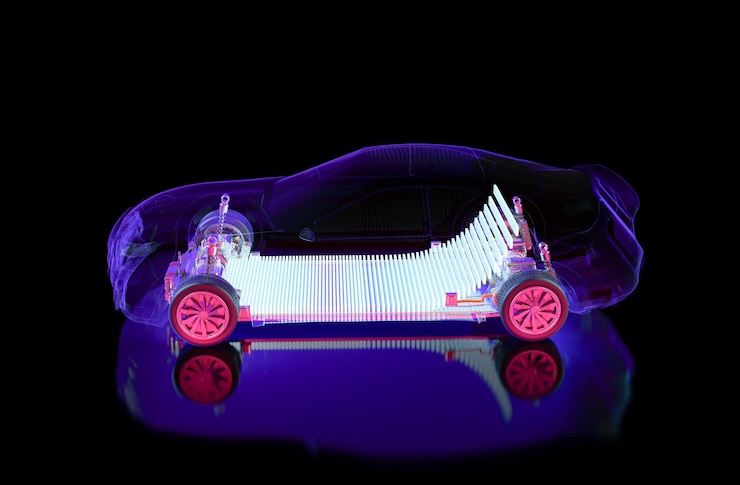 Foto renderización 3d de la batería de automóvil eléctrico con un paquete brillante de módulo de células de batería en la plataforma