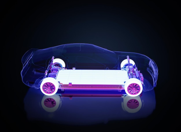 Renderización 3D de la batería de automóvil eléctrico con un paquete brillante de módulo de células de batería en la plataforma