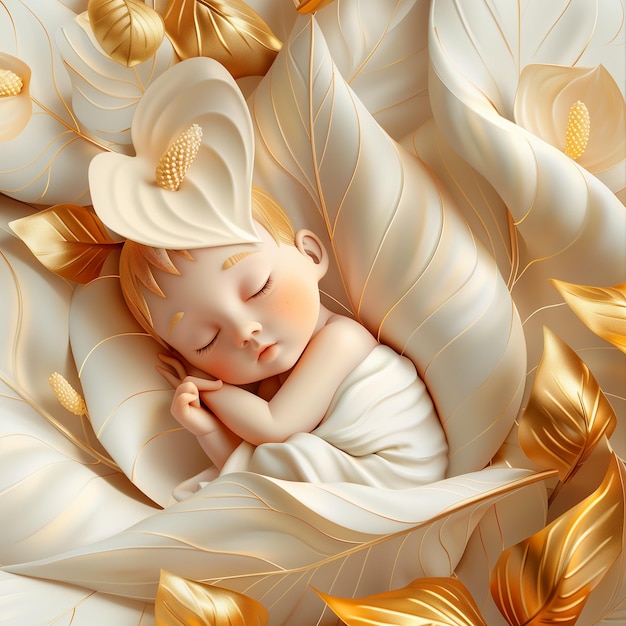 Renderización en 3D de un bebé lindo durmiendo en una cama blanca