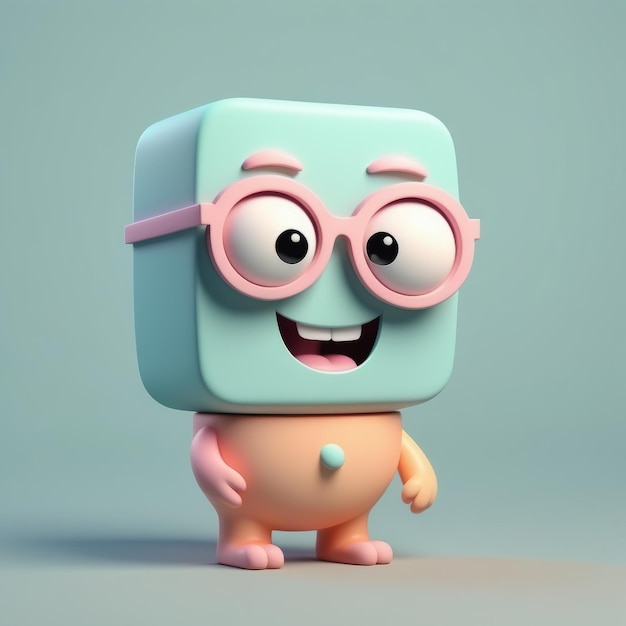 Renderización 3D de un bebé lindo con gafas rosadas y ojos grandes Ilustración 3D del personaje de dibujos animados fu