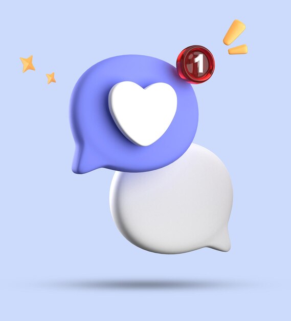 Foto renderización 3d de la burbuja de amor de habla con íconos de notificación conjunto de ícono de amor de chat pastel 3d