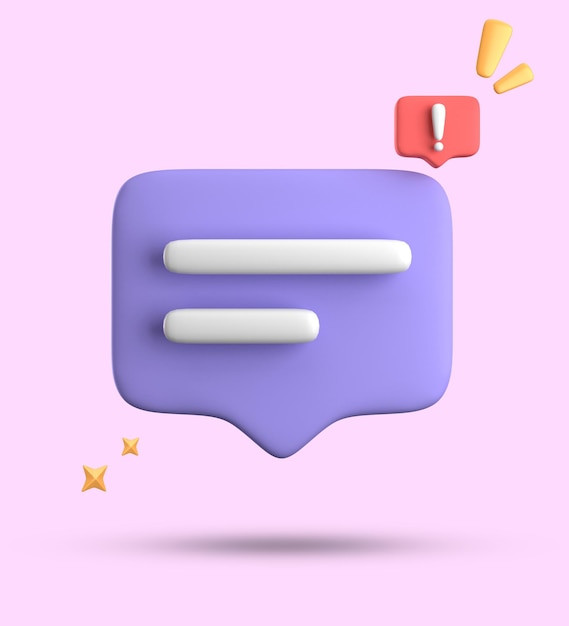 Renderización 3D de la burbuja de habla chat pastel 3D con conjunto de iconos de signo de exclamación
