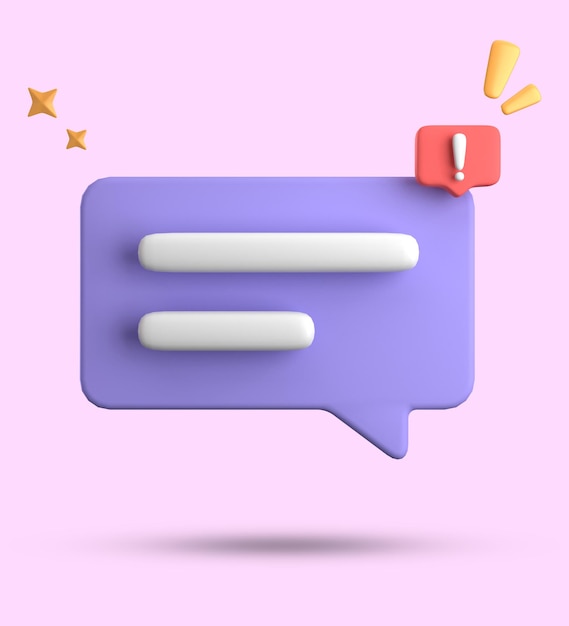 Renderización 3D de la burbuja de habla chat pastel 3D con conjunto de iconos de signo de exclamación
