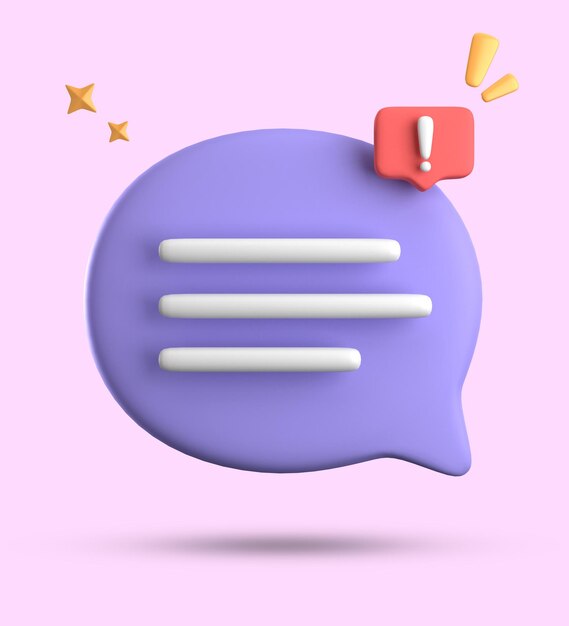 Renderización 3D de la burbuja de habla chat pastel 3D con conjunto de iconos de signo de exclamación