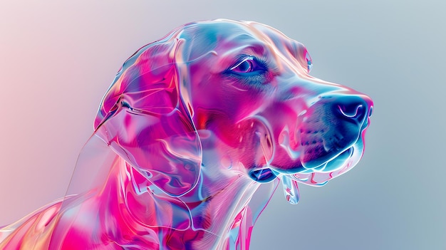Renderización 3D de una cabeza de perro El perro está hecho de vidrio o cristal y tiene una superficie reflectante lisa