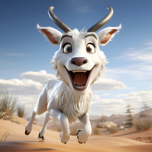Renderización 3D de una cabra blanca saltando en el desierto con cielo azul