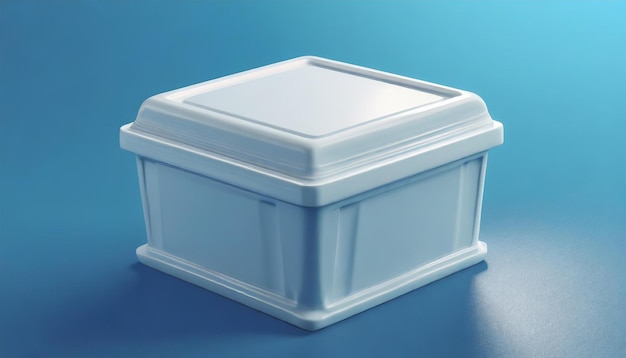 Renderización 3D de una caja de plástico aislada sobre un fondo azul Contenedor blanco