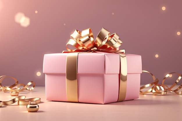 Renderización 3D de caja de regalo de oro rosa envuelta en el concepto de fondo de regalo de vacaciones y cumpleaños