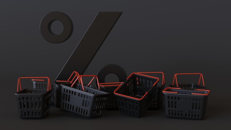 Foto renderización 3d de la canasta de compras y el carrito de compras en negro y rojo