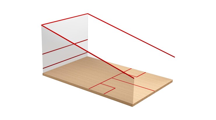 Foto renderización 3d de una cancha de squash con líneas rojas que marcan el parquet de madera y las paredes blancas ilustración 3d