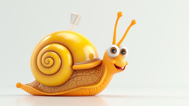 Renderización 3D de un caracol lindo y feliz El caracol tiene una concha amarilla brillante y grandes ojos googly Está sonriendo y tiene una pequeña sonrisa en su cara