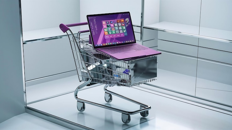 Foto renderización 3d del carrito de compras y la computadora portátil