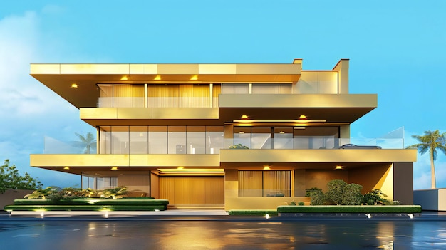 Foto renderización 3d de la casa dorada y el modelo de los edificios