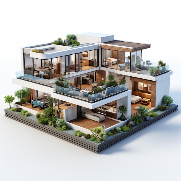 Renderización 3D de la casa de huéspedes en vista isométrica Fondo exterior