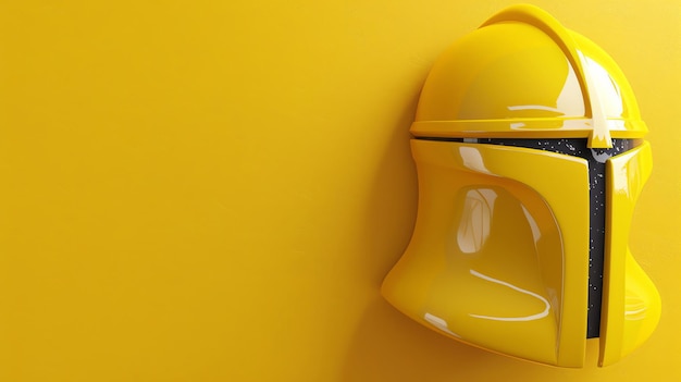 Renderización 3D de un casco futurista amarillo sobre un fondo amarillo