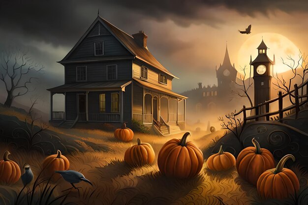 Renderización 3D de un castillo de fantasía embrujado en la espeluznante noche de Halloween