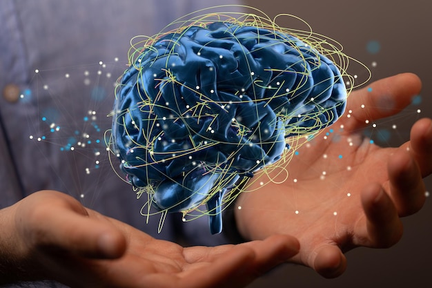 Renderización 3D del cerebro humano flotando en las manos de un hombre