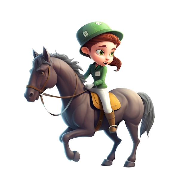 Renderización 3D de una chica de dibujos animados montando un caballo aislado sobre un fondo blanco