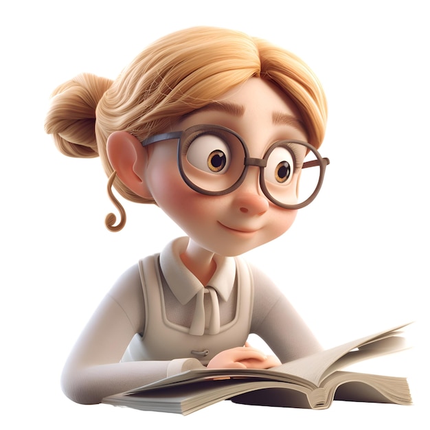 Renderización 3D de una chica linda leyendo un libro aislado sobre un fondo blanco