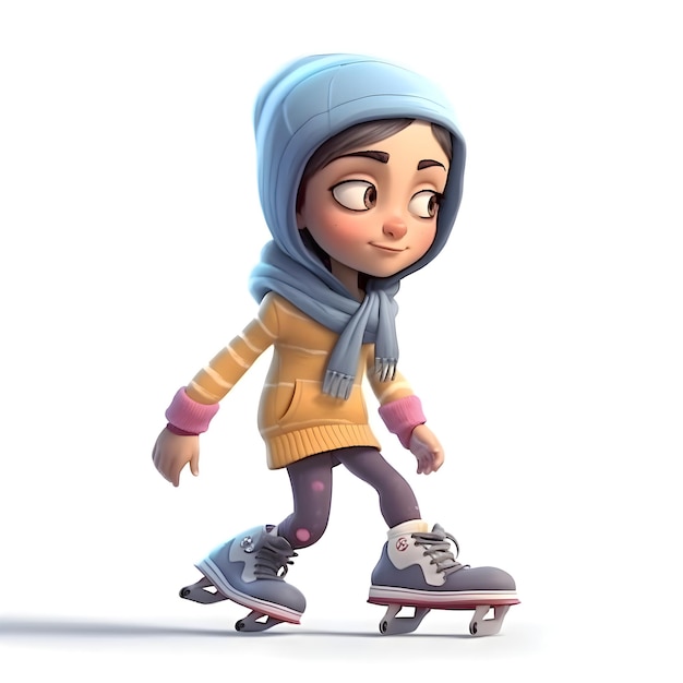 Renderización en 3D de una chica musulmana linda patinando en patines