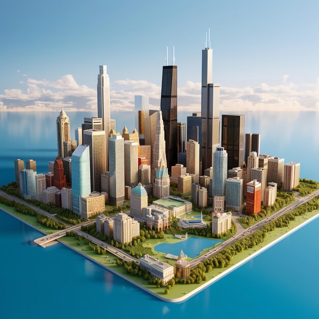 Renderización 3D de la ciudad de Chicago Illinois en miniatura isométrica