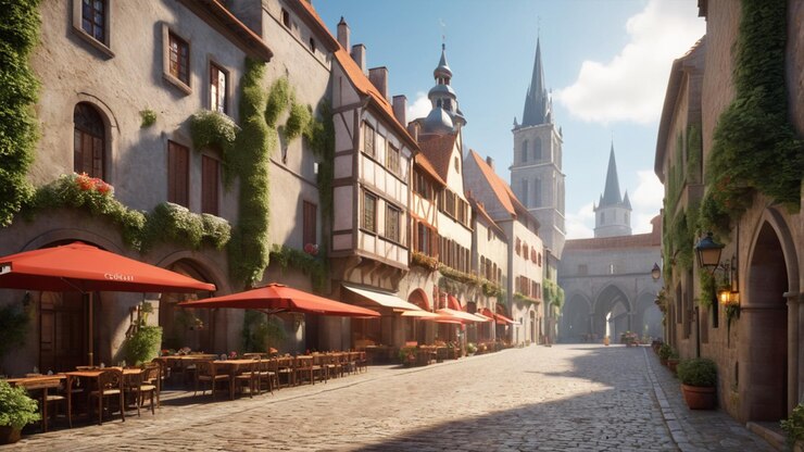 Renderización en 3D de una ciudad europea histórica durante el día
