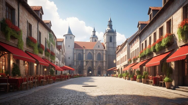Renderización en 3D de una ciudad europea histórica durante el día