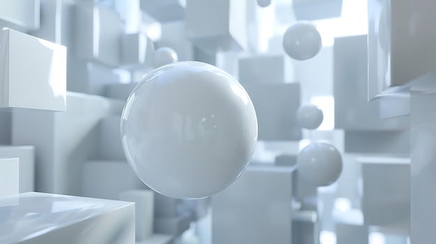 Renderización 3D de una ciudad futurista con esferas blancas flotando en el aire y cubos blancos en el fondo La escena está bañada en una suave luz blanca