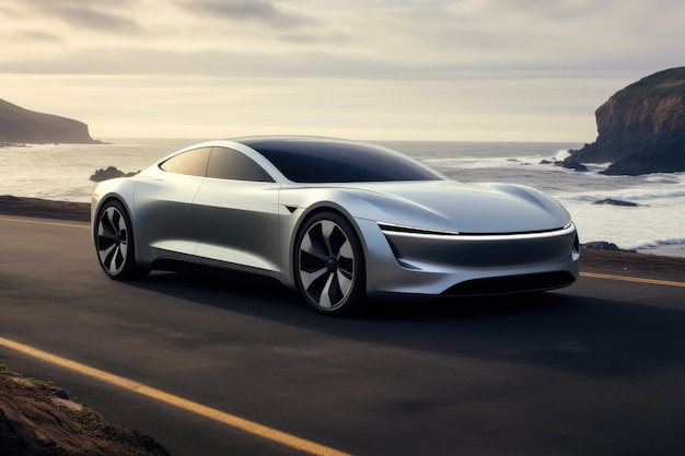 Renderización 3D de un coche concepto genérico sin marca en la playa un coche eléctrico de vanguardia que encarna el futuro AI Generado