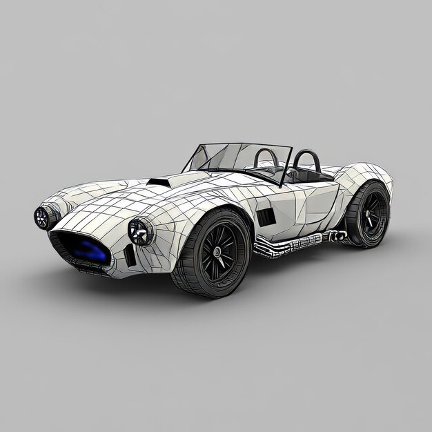 Renderización 3D de un coche retro en un fondo gris con sombra