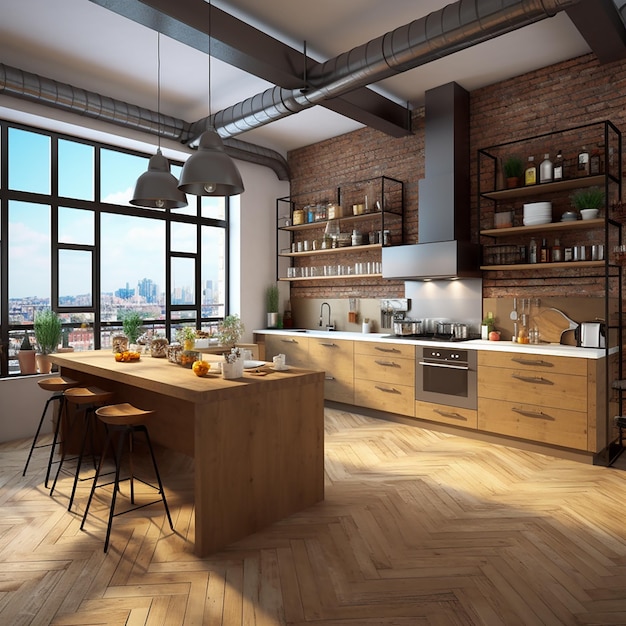 Renderización 3D de una cocina moderna en un ático