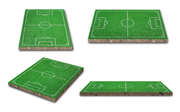 Renderización 3D Colección de césped verde o césped de campo de fútbol aislado sobre fondo blanco Perspectiva diferente
