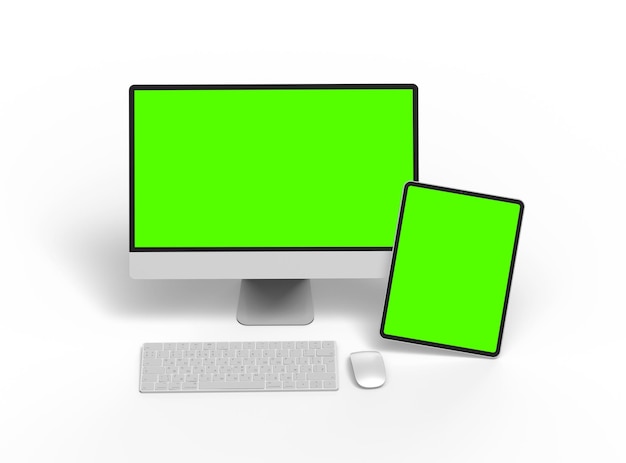 Renderización 3D de una computadora de escritorio y una tableta con una pantalla verde sobre un fondo claro