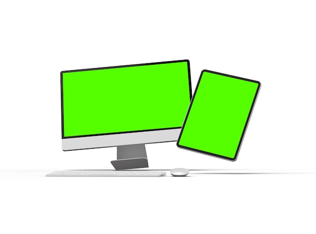Renderización 3D de una computadora de escritorio y una tableta con una pantalla verde sobre un fondo claro