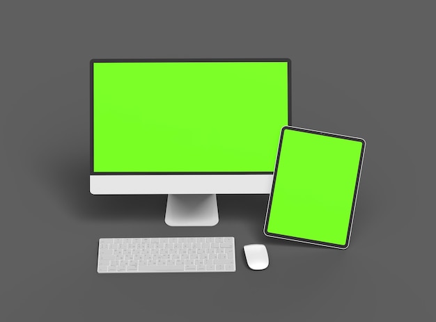 Renderización 3D de una computadora de escritorio y una tableta con una pantalla verde sobre un fondo oscuro