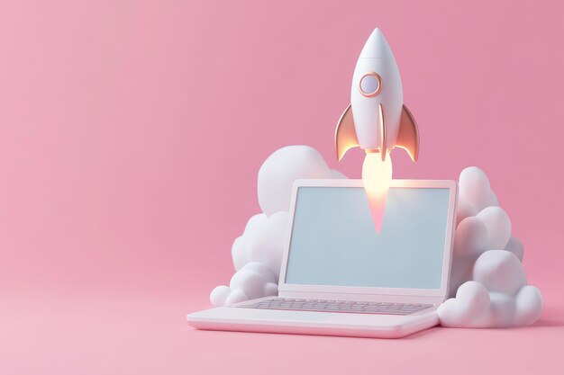 Renderización 3D de una computadora portátil rosa con lanzamiento de cohete desde la pantalla para StartUp de negocios