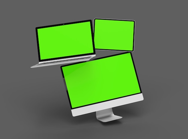 Renderización 3D de computadora portátil y tableta de escritorio con pantalla verde sobre un fondo oscuro