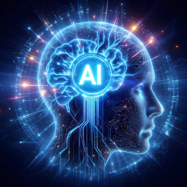 Renderización 3D del concepto de inteligencia artificial con cerebro humano en fondo digital