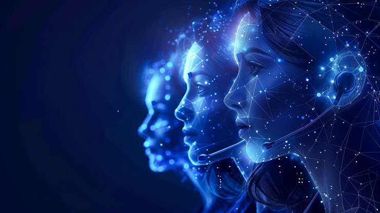 Renderización 3D del concepto de inteligencia artificial con hombre y mujer en azul