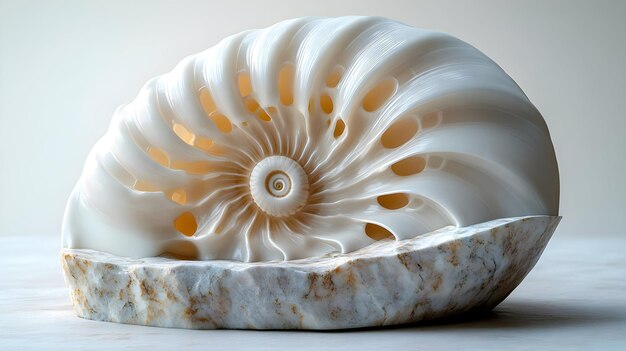 Renderización 3D de la concha de Nautilus en base de mármol en tonos blancos y dorados