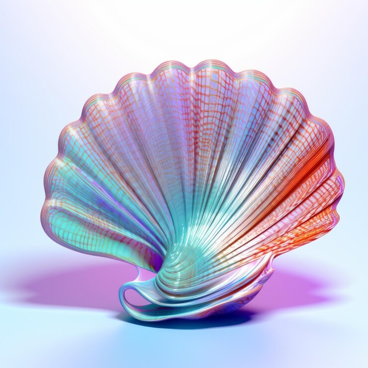 Foto renderización en 3d de conchas coloridas de patrón azul irisado
