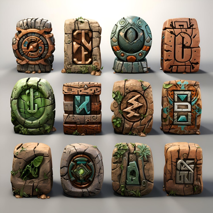 Foto renderización en 3d de un conjunto de runas de piedra con símbolos del zodiaco