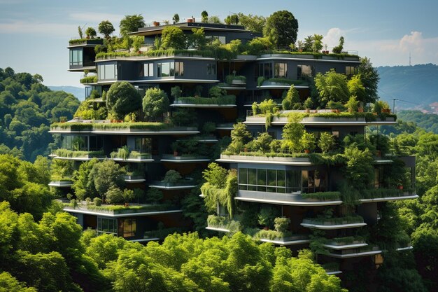 Foto renderización en 3d de una construcción moderna futurista con vegetación que crece en ella