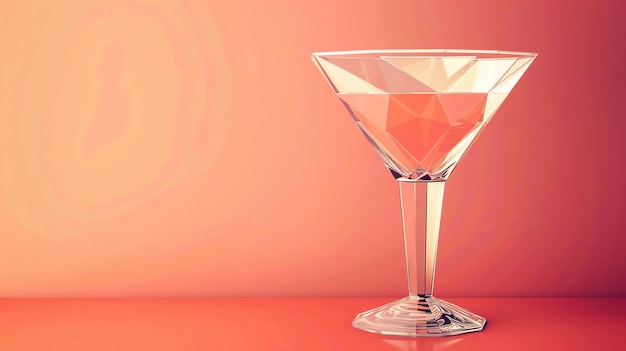 Renderización 3D de una copa de martini con un cóctel rosado sobre un fondo rosado La copa está hecha de cristal y tiene una forma de diamante