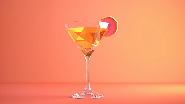 Renderización 3D de una copa de martini con un toque de limón El vaso está a mitad lleno de un líquido amarillo El vaso se encuentra sobre un fondo rosado