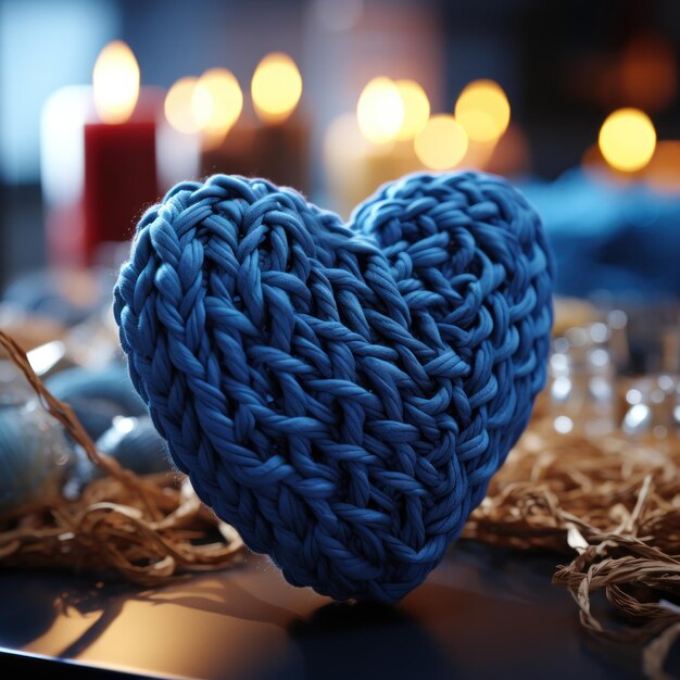 Renderización en 3D de un corazón tejido hecho de papel pintado azul UHD