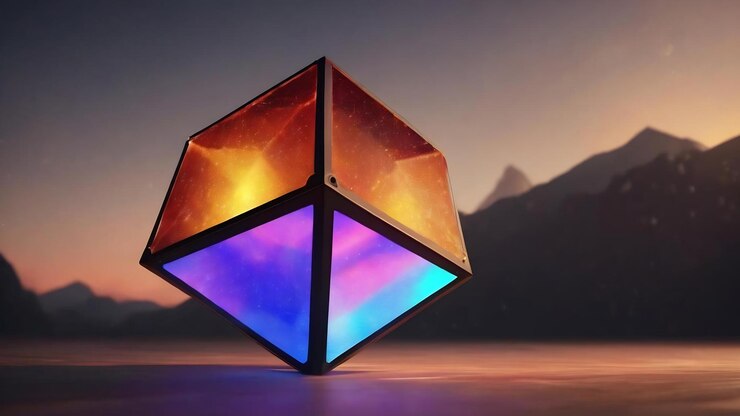 Foto renderización 3d de un cubo de triángulo brillante con fondo oscuro